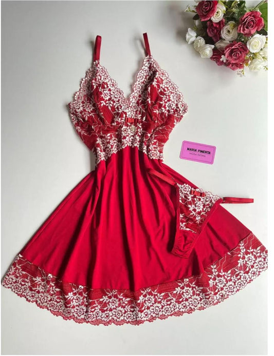 CAMISOLA COM CALCINHA FIO VERMELHO/BRANCO