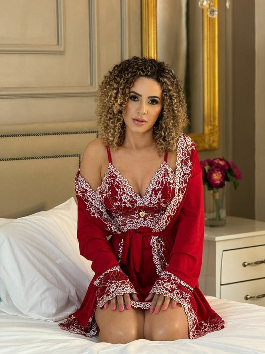 CONJUNTO ROBE E CAMISOLA VERMELHO/BRANCO