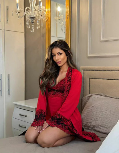 CONJUNTO ROBE CAMISOLA E CALCINHA VERMELHO/PRETO