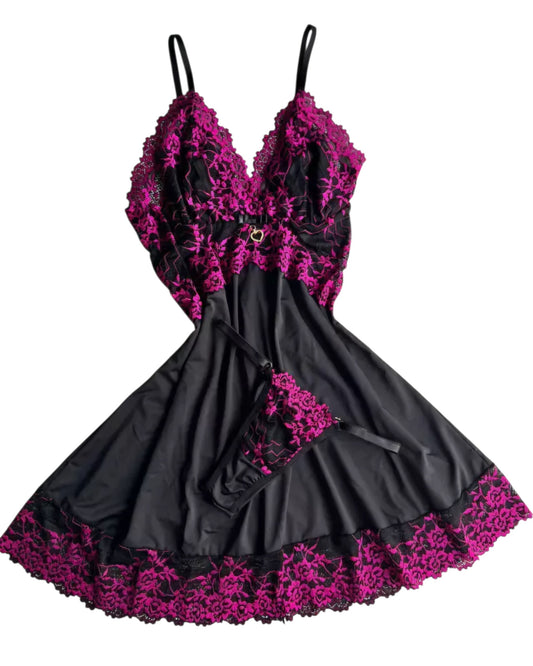 CAMISOLA PRETO/PINK COM CALCINHA FIO