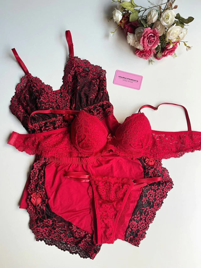 COMBO BABY DOLL E CONJUNTO DE LINGERIE RENDA