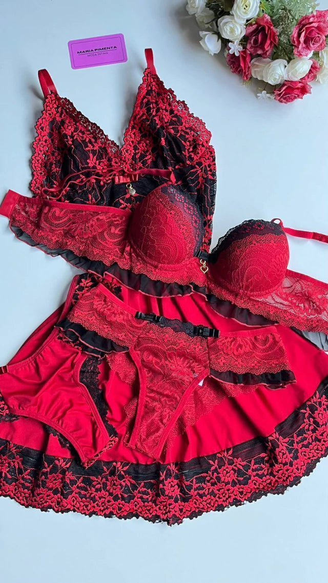 COMBO CAMISOLA E CONJUNTO DE LINGERIE BABADO