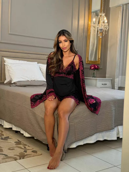 CONJUNTO ROBE E CAMISOLA PRETO/PINK